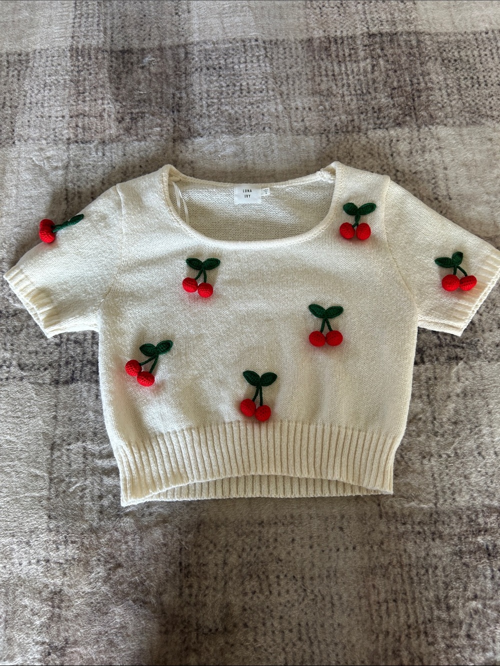 Cream Cherry Appliqué Knit Top